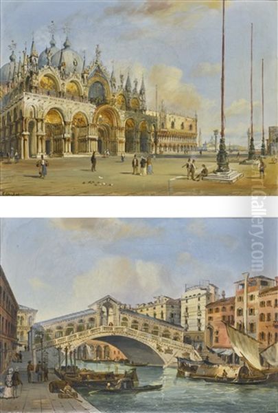 Venice, A View Of The Basilica Di San Marco; Venice, A View Of The Rialto Bridge From The South Oil Painting by Carlo Grubacs