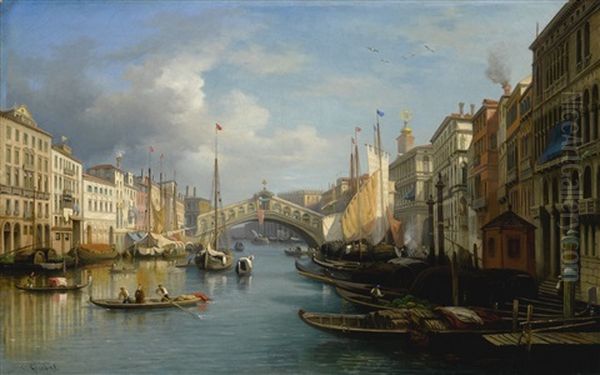 Venice, A View Of The The Grand Canal And The Rialto Bridge From The South Oil Painting by Carlo Grubacs