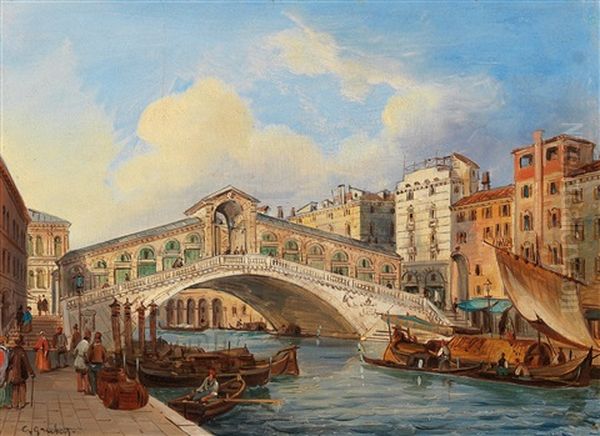 The Rialto Bridge On The The Grand Canal In Venice Oil Painting by Carlo Grubacs