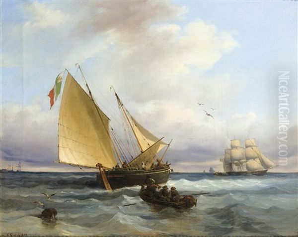 Bateaux De Peche Dans La Lagune, Avec Un Etendard De La Republique Serenissime De Sainte Marie Oil Painting by Carlo Grubacs