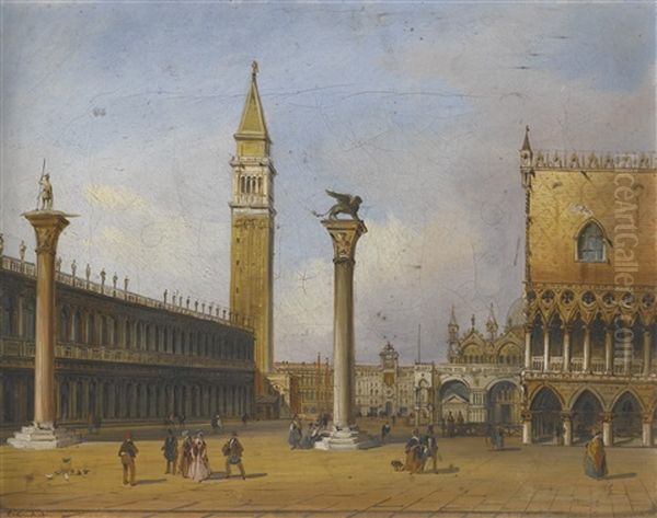 Venice, A View Of The Piazzetta From The Bacino Di San Marco; Venice, A View Of The Doge's Palace And Piazzetta Looking West From The Riva Degli Schiavoni (pair) Oil Painting by Carlo Grubacs