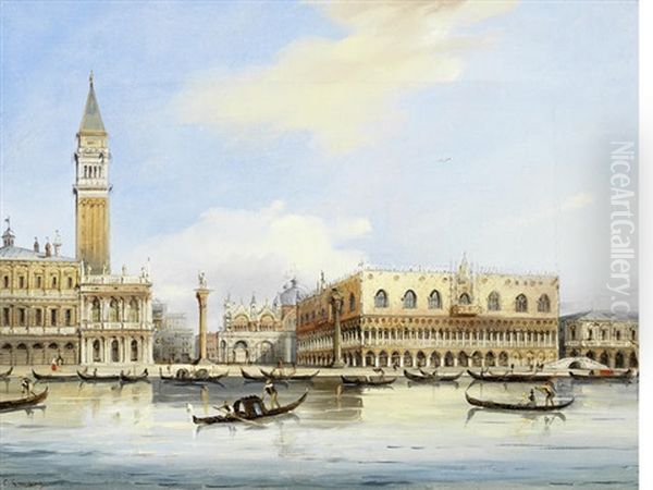 Gondoliers On The Grand Canal, Venice Oil Painting by Carlo Grubacs