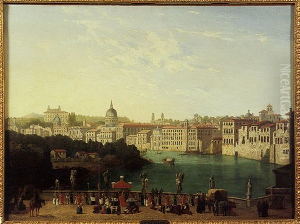 Vue De Rome Et Procession Sur Le Pont Du Chateau Saint-ange Oil Painting by Carlo Grubacs