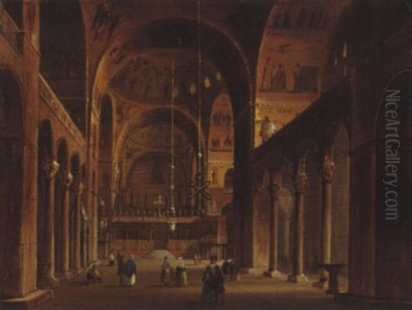 Interieur De L'eglise Saint Marc A Venise Oil Painting by Carlo Grubacs