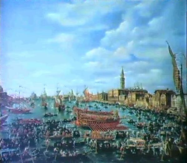 Il Bacino Di S. Marco Col Bucintoro E Gondole Di  Ritorno...& Corteo Di Gondole Nel Bacino Di S. Marco Oil Painting by Carlo Grubacs