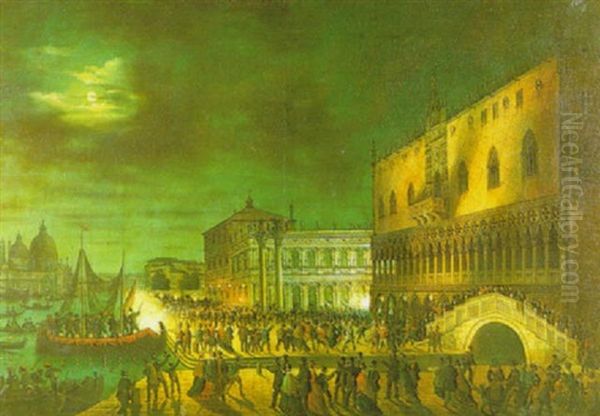 Carnivale At The Piazza San Marco, Venice At Night Oil Painting by Carlo Grubacs