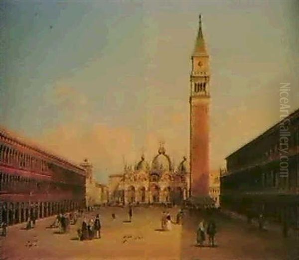 A View Of The Doges Palace And The Piazzetta;               Figures On The Piazza San Marco, Venice Oil Painting by Carlo Grubacs