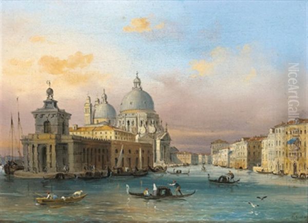 Blick Auf Den Canale Grande In Venedig Mit Der Dogana Und Der Santa Maria Della Salute Kirche Oil Painting by Carlo Grubas