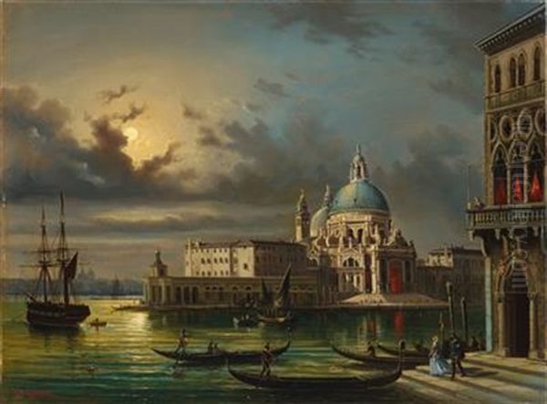 Venice By Night With The Punta Della Dogana And Santa Maria Della Salute Oil Painting by Giovanni Grubas