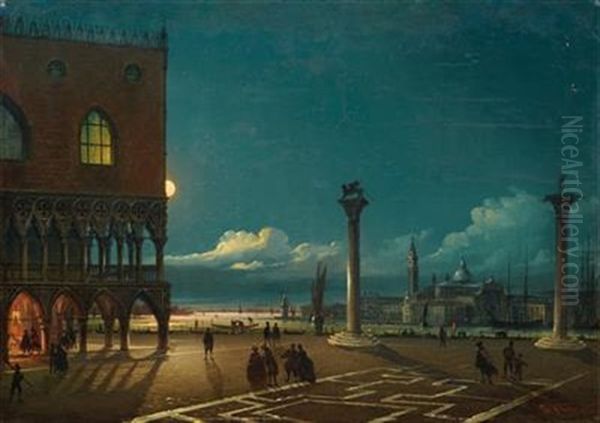 Piazza San Marco By Moonlight Oil Painting by Giovanni Grubas