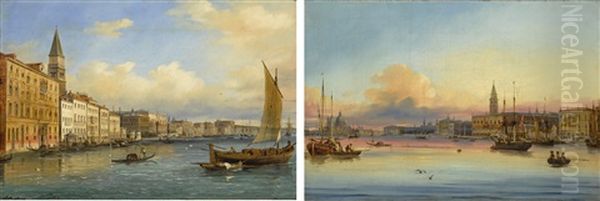 Venice, A View Of The Molo Looking East; Venice, A View Of The Entrance To The Grand Canal At Sunset Oil Painting by Giovanni Grubas