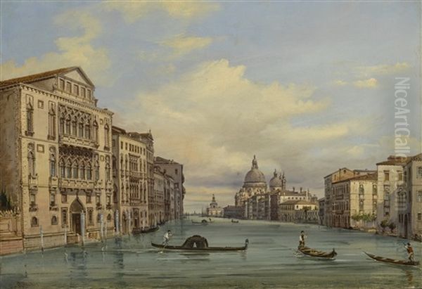 Venice, A View Of The Grand Canal From The Ponte Dell'accademia Looking Towards Santa Maria Della Salute Oil Painting by Giovanni Grubas