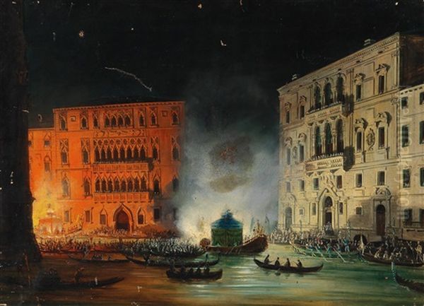 Venice - Festivities On The Grand Canal In 1838 In Honour Of Emperor Ferdinand In Front Of Palazzo Foscari And Palazzo Balbi Oil Painting by Giovanni Grubas