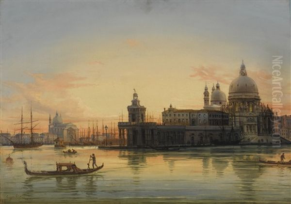 Venice, A View Of The Bacino Di San Marco And The Dogana At Sunset Oil Painting by Giovanni Grubas