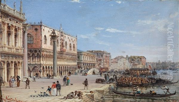 Motiv Aus Venedig Mit Blick Auf Die Markussaulen Und Riva Degli Schiavoni Oil Painting by Giovanni Grubas