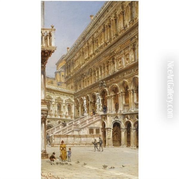 The Giants' Staircase In The Courtyard Of The Doge's Palace Oil Painting by Giovanni Grubas