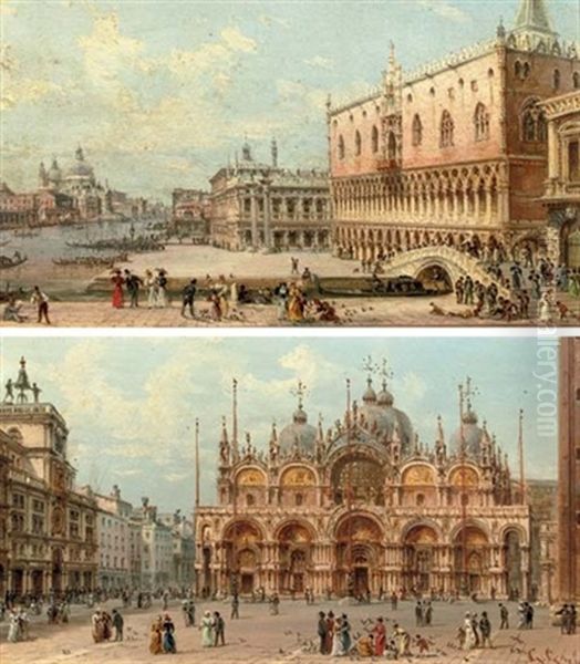 A View Of The San Marco (+ An Elegant Company In Front Of The Palazzo Ducale, Venice; Pair) Oil Painting by Giovanni Grubas