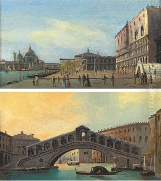 Figures Before The Doge's Palace, Venice (+ The Rialto Bridge, Venice; Pair) Oil Painting by Giovanni Grubas