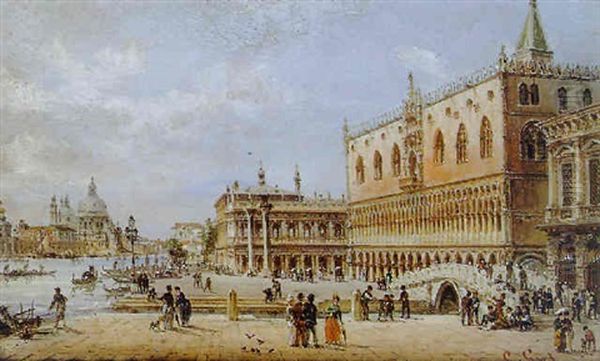 Blick Von Riva Degli Schiavoni, Auf Die Ponte Della Paglia, Die Mole San Marco Und Im Hintergrund S. M. Salute Oil Painting by Giovanni Grubas