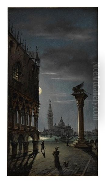 Piazza San Marco By Moonlight, Venice Oil Painting by Marco Grubas