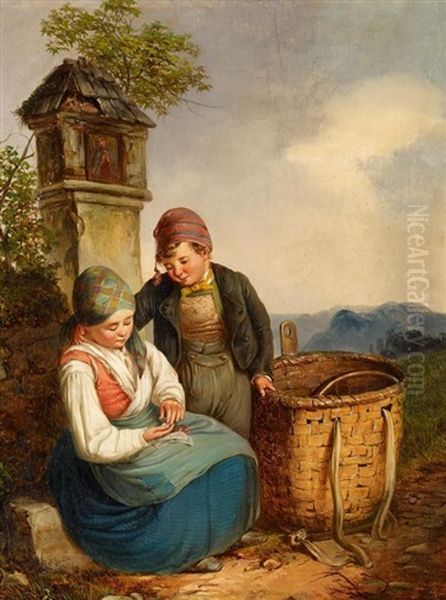 Kinder Auf Dem Heimweg Vom Markt Oil Painting by Franz Joseph Gruber