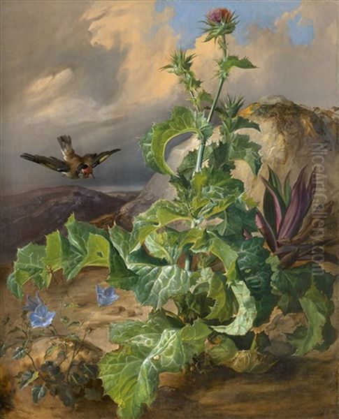 Grosse Mariendistel Mit Stieglitz Oil Painting by Franz Xaver Gruber