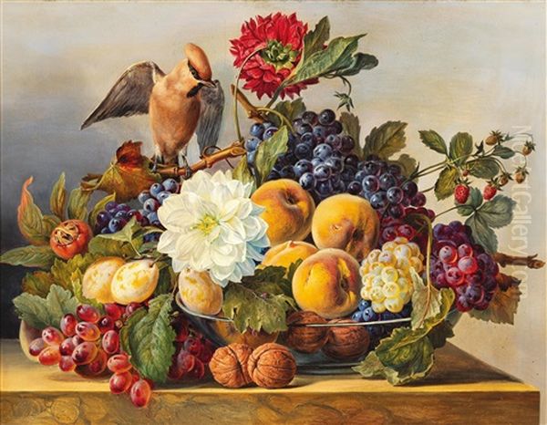 Still Life With Bowl Of Fruit And Nuts Oil Painting by Franz Xaver Gruber