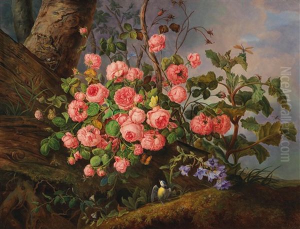 Still Life Of Roses With A Butterfly Oil Painting by Franz Xaver Gruber