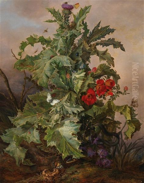 Large Thistle Still Life With Poppies, Butterflies, Spider And Snake Oil Painting by Franz Xaver Gruber