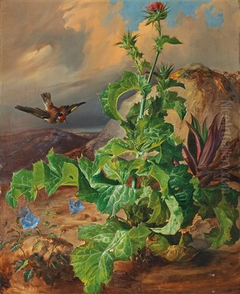 Still Life With Thistles And Flying Bird Oil Painting by Franz Xaver Gruber