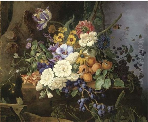 Carnations, Convolvulus And Other Flowers, With Grapes, Apricots, Plums And Blackberries On A Stone Ledge Oil Painting by Franz Xaver Gruber