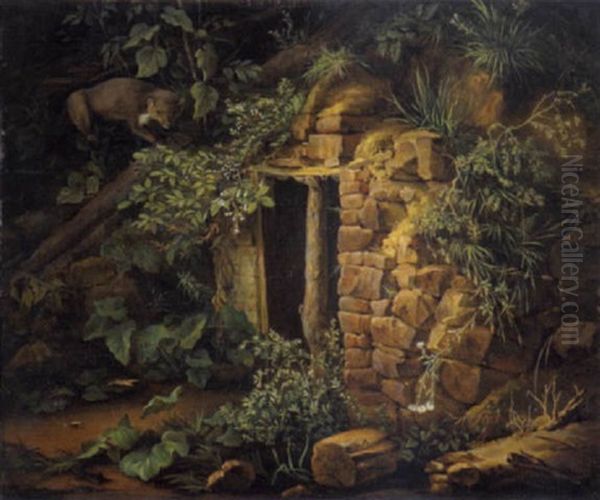 Ein Fuchs Vor Einem Verfallenen Eingang Im Wald by Franz Xaver Gruber