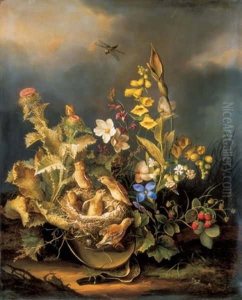 Still Life With Bird Nest Oil Painting by Karl Franz Gruber