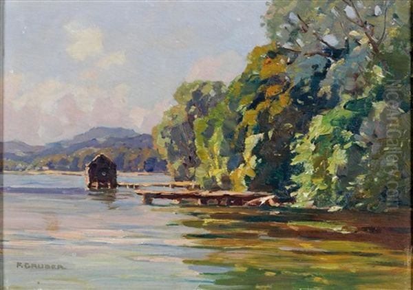 Bootshutte Am Fluss Oil Painting by Franz Gruber-Gleichenberg