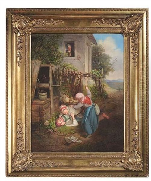 Zwei Raufende Kinder Nach Schulschluss Oil Painting by Albrecht Grueber