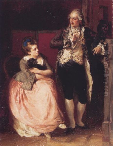 Rokokoszene: Stehender Herr Und Dame Mit Hundchen Sitzend Oil Painting by Albrecht Grueber