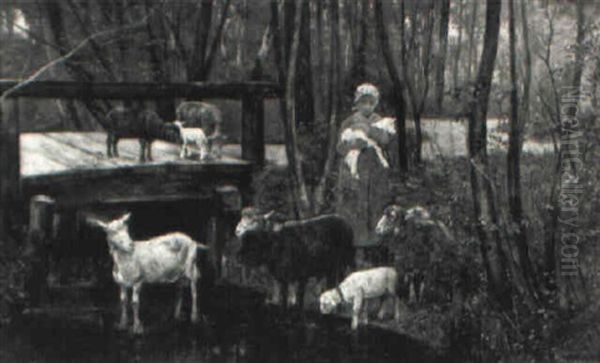 A Shepherdess And Her Flock Oil Painting by Isodor Gruenfeld