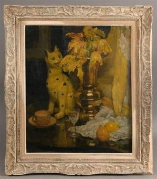 Nature Morte Au Chat En Ceramique D'emile Galle Oil Painting by Jules Alexandre Gruen