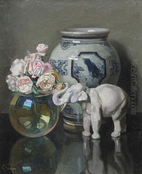 Still Life With Urn, Porcelain Elephant And Roses In A Glass Bowl Oil Painting by Jules Alexandre Gruen