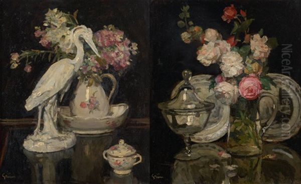 Compositions Florales Et Aux Objets (2 Works) Oil Painting by Jules Alexandre Gruen