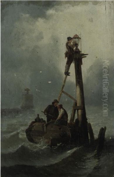 Lighting A Lantern At The Shoreline Oil Painting by E. Bailly