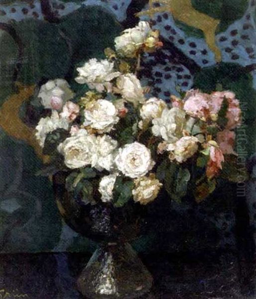 A Still Life With White And Pink Roses In A Glass Vase Oil Painting by Jules Alexandre Gruen