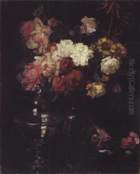 Bouquet De Roses Et De Marguerites Oil Painting by Jules Alexandre Gruen