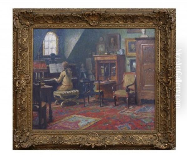 Interior Med Kvinna Spelandes Piano Oil Painting by Maurice Grun