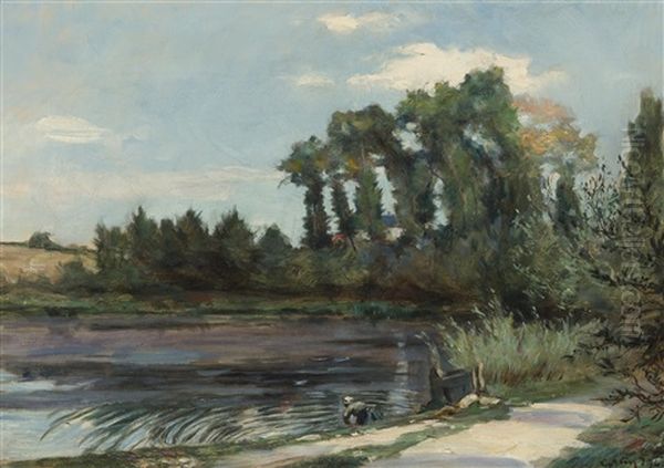 A River Landscape With A Washerwoman On The Bank Oil Painting by Maurice Grun