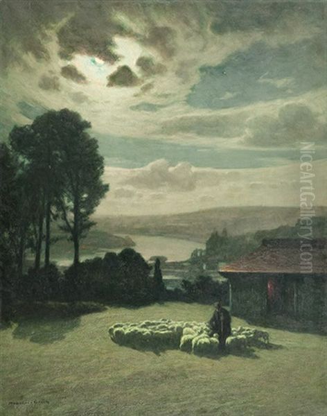 Rassemblement De Moutons - Effet De Lune Oil Painting by Maurice Grun