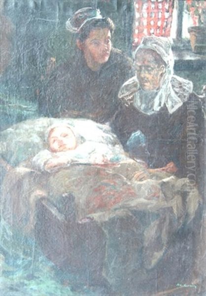 Deux Generations Devant Le Berceau Oil Painting by Maurice Grun