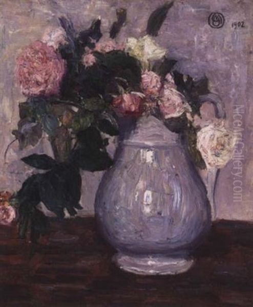 Roses In Blue Water Pitcher Oil Painting by Maurice Grun