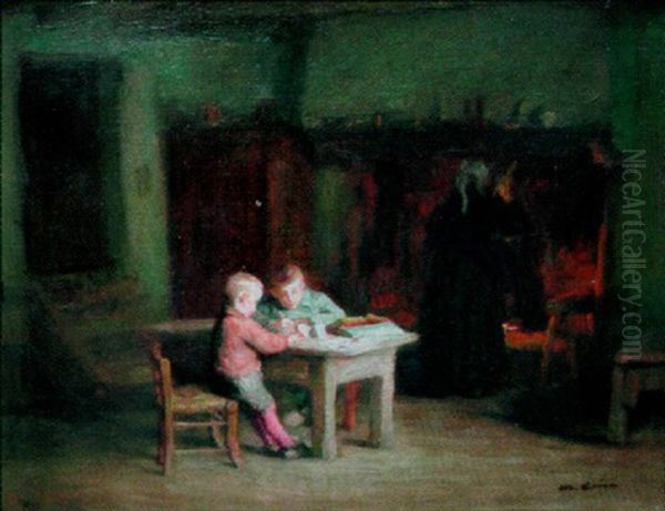 Jeunes Ecoliers, Les Devoirs A La Maison Oil Painting by Maurice Grun