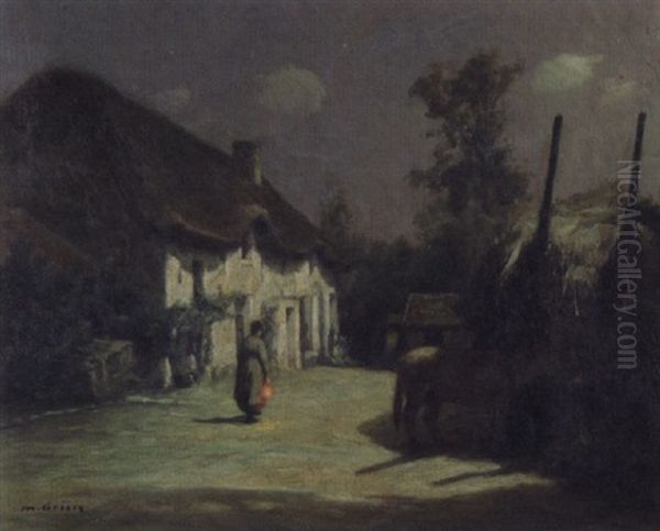 European Village Under Moonlight Oil Painting by Maurice Grun